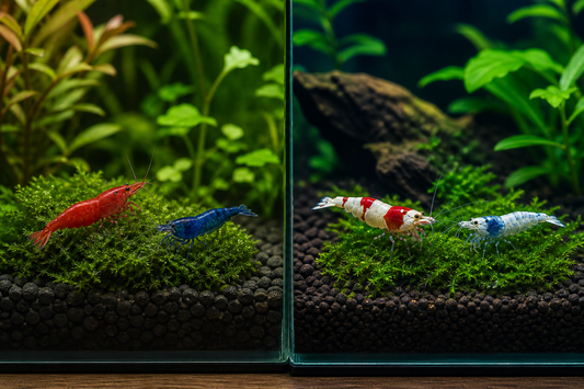 Red and blue Neocaridina beside Crystal Red and Blue Bolt Caridina shrimp in separate planted aquariums