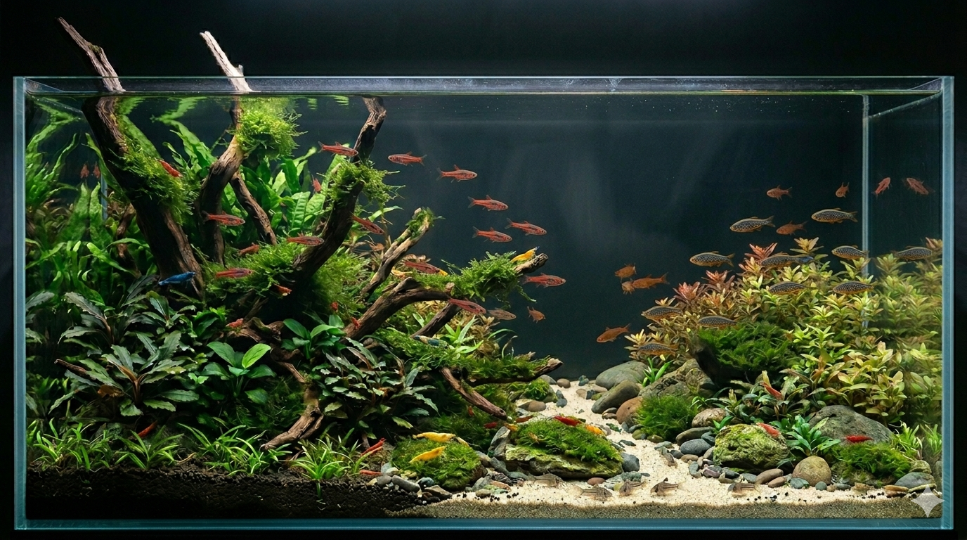 Peaceful nano tank with with and shrimp swimming.